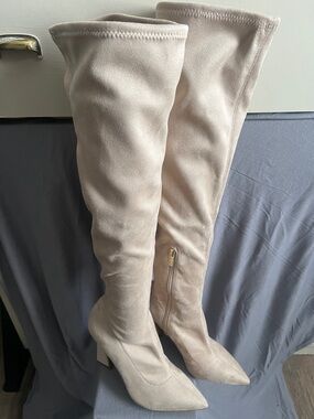 Over-the-Knee Pointed-Heel Boots in Light Beige